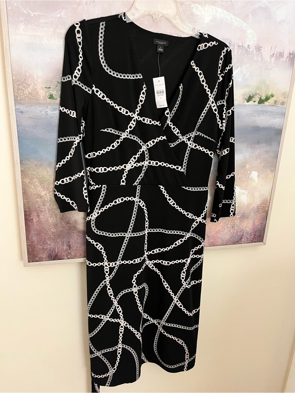Ann Taylor Factory Black Midi Dress with White Chain Pattern